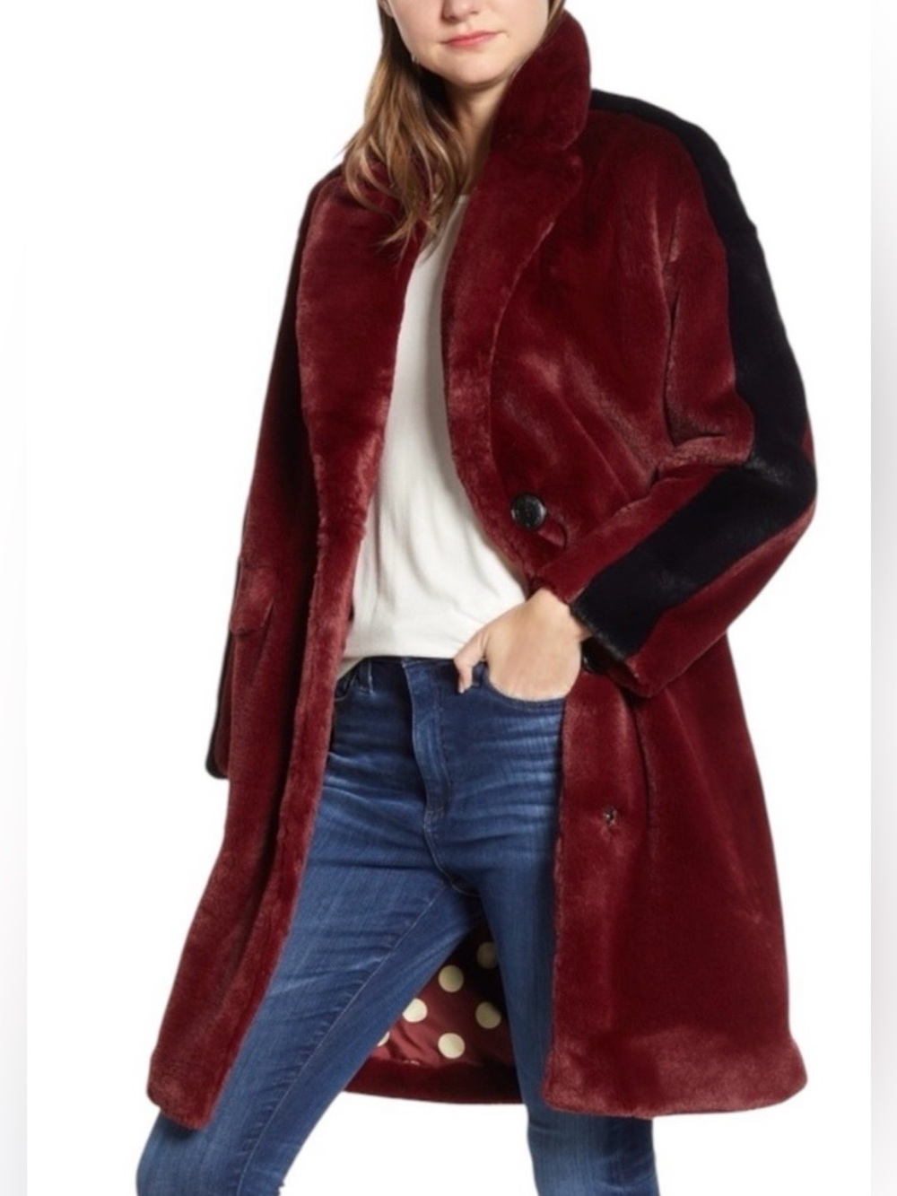 Sam Edelman EUC XL Faux Fur Burgandy and Black Teddy Coat Ret $220